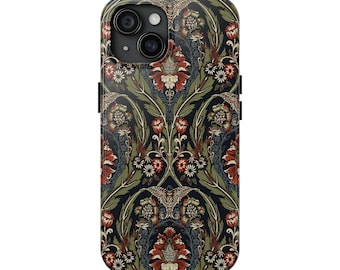 Viktorianische Blumen Luxus Rose Rosa Weiß Blumen Wirbelt Blätter Verwickeltes Design Grünes Muster Handyhülle | Robuste Vintage Handyhülle mit Blumen Motiv