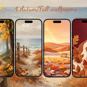 May include: Four smartphone screens displaying autumn-themed digital wallpapers. The first shows a forest path with glowing mushrooms, the second a beach with a wooden fence, the third a sunset landscape with a bench, and the fourth dried leaves.