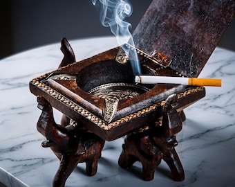 Hand-Carved Wooden Elephant Ashtray with Lid, Rustic Bohemian Decor Box