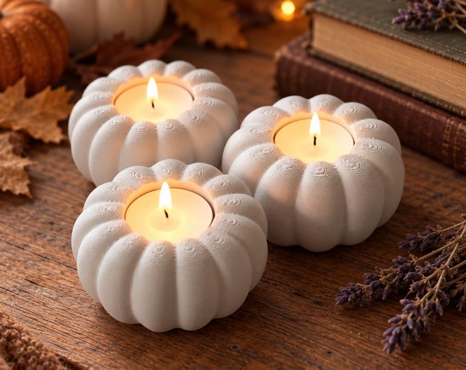 Featured listing image: Set of 3 White 3D Printed Pumpkin Tealight Holders, Fall Table Décor