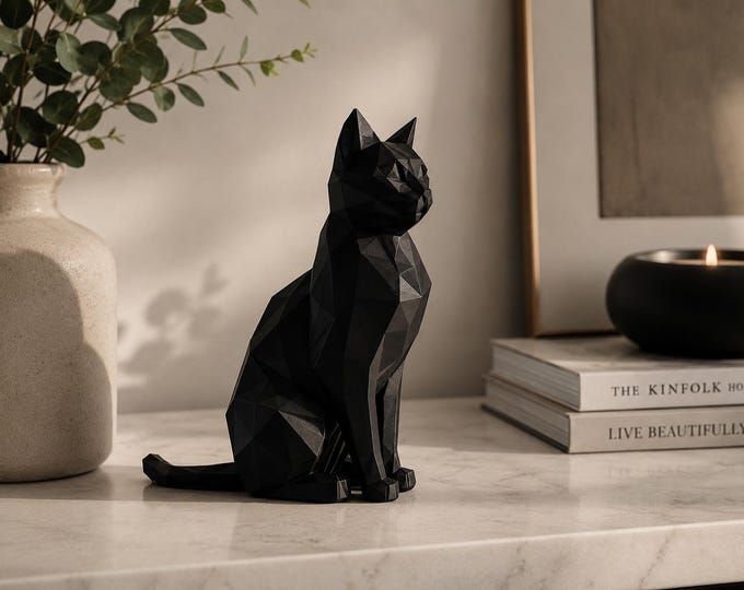 Featured listing image: Geometric Black Cat Sculpture | Modern Minimalist Home Decor Statue