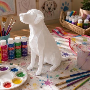 May include: A white, geometric dog figurine sits on a table surrounded by art supplies. Paint bottles in various colors, paint brushes, a paint palette, and a water cup are visible. Artwork and a rainbow are in the background.