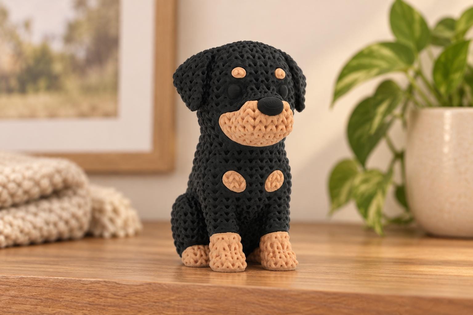 3D Printed Rottweiler Figurine, Knitted Texture Dog Décor (4.5 Inch)