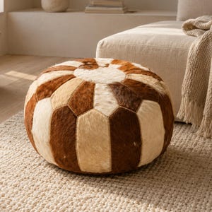 Handmade Cowhide Leather Pouf Ottoman, Moroccan Round Footstool, Brown White Patchwork Footrest