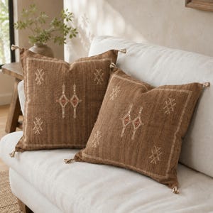 Cactus Silk Pillow Cover, Brown Moroccan Decorative Throw Pillows, Handmade Square 20x20 Cushion Cover, Sabra Silk Pillowcase for sofa & bed