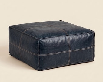 Navy Blue Genuine Leather Ottoman, Rectangular Moroccan Footstool Cover (Unstuffed)