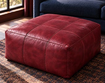 2 Burgundy Genuine Leather Storage Ottoman for Vivian -  20 x 20 x 14 in