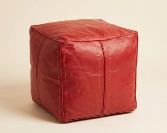 Rot Echtleder Square Pouf Ottomane, Handgemachter marokkanischer Cube Fußhocker (Unausgestopft)