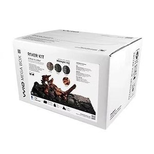 May include: A white WIO Mega Box River Kit packaging featuring the text River Kit, A River in a Box, and Midnight Veil. The box displays a graphic of dark river stones and driftwood, along with listed product features and icons.