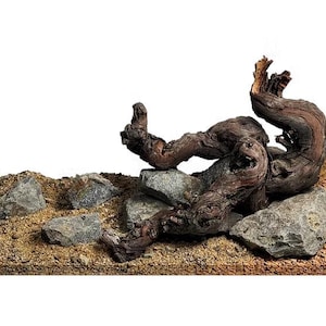 May include: A piece of gnarled, dark brown driftwood rests on a bed of light brown sand and small gravel. Several jagged, grey stones are positioned around the base of the wood, creating a naturalistic arrangement of organic textures.