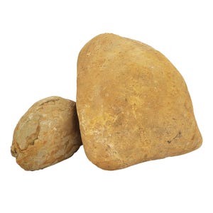 May include: Two natural stones with irregular shapes and textured surfaces. The larger stone is light tan with subtle golden undertones, while the smaller stone is a darker, muted brown with a rough, weathered appearance and visible cracks.