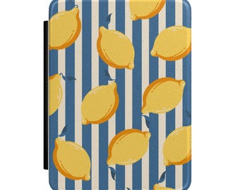 Lemon Pattern Kindle Case | Yellow Lemons on Blue Stripes