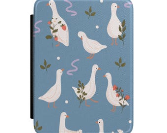 White Duck Pattern Kindle Case | Floral Illustration, Blue Background