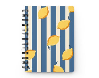 Lemon Stripe Spiral Bound Journal | Blue Yellow Fruit Pattern