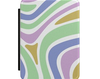 Abstract Pastel Swirl Kindle Case | Retro Wavy Pattern, Green Purple Blue