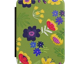 Green Floral Pattern Kindle Case | Bright Wildflower Print