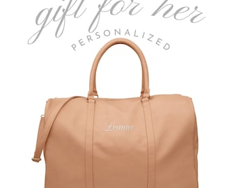 Women's Custom Embroidered Faux Leather Weekender Travel Bag - Tan - Custom Name