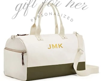 Large Personalized Weekender Cotton Canvas Fabric Tote Bag - Army Green - Custom Initials
