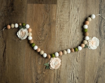 Blush Meadow Felt Pom Pom Garland with Handmade Flowers | Neutral Nursery Decor