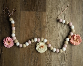 Blush Pink Felt Pom Pom Garland with Flowers | Handmade Wool Decor