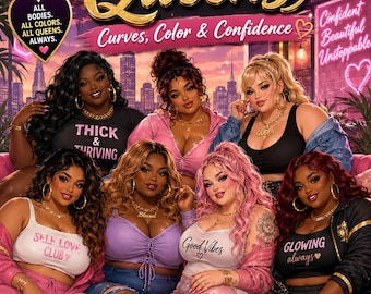 May include: An adult coloring book cover titled SSBBW Queens featuring seven diverse individuals with various hair colors and styles, wearing casual clothing with text like Thick & Thriving, Self Love Club, and Good Vibes against a city skyline.