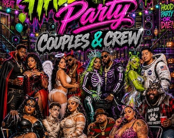 May include: An adult coloring book cover titled Hood Halloween Party Couples & Crew. The graphic features a diverse group of people in various costumes, including skeletons, mummies, and aliens, set against a dark, neon-lit city street background.
