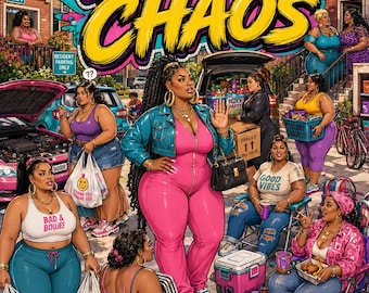 Puede incluir: Una portada de libro para colorear titulada BADDIE CHAOS que muestra a un grupo de personas diversas en un vecindario. La ilustración incluye personas con varios atuendos, un coche con el maletero abierto, una nevera y carteles con texto.