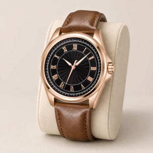 Roséguldfärgad klocka med romerska siffror, brunt läderarmband, klassisk analog armbandsur