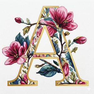May include: A decorative letter "A" with a gold outline, filled with a floral pattern of pink magnolia flowers and green leaves. The letter is set against a white background, creating a striking contrast.