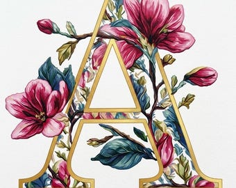 Padrão de ponto cruz com monograma, letra A em flor de magnólia, bordado de alfabeto floral (download em PDF), exclusivo