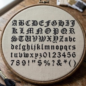 Könnte beinhalten: Ein runder Stickrahmen aus Holz mit einem beigen Stoff, der schwarzen Kreuzstich-Text enthält. Die Stickerei zeigt das vollständige Alphabet in Groß- und Kleinbuchstaben, die Zahlen von null bis neun sowie verschiedene Satzzeichen.
