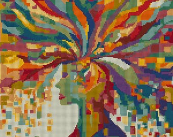 Schema astratto per punto croce: "Esplosione della mente a mosaico", ritratto geometrico moderno arcobaleno, ricamo surreale a vetrata