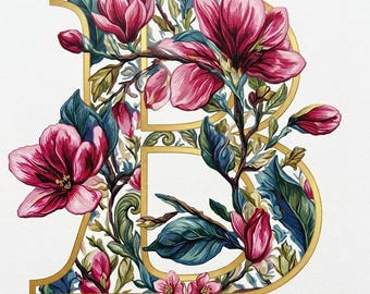 Padrão de ponto cruz para monograma, letra B em flor de magnólia, bordado de alfabeto floral (download em PDF), letra única