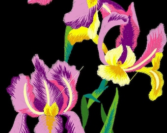Um buquê de íris para bordado, arquivos de design para bordado à máquina representando íris em flor, download instantâneo.