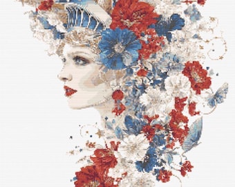 Mulher com estrelas e hortênsias azuis, coleção América 250, retrato patriótico de beleza, padrão de ponto cruz para arranjo floral decorativo