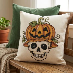 Modèle de point de croix PDF d'un crâne de citrouille mignon, diagramme numérique de squelette effrayant pour Halloween, broderie d'un chapeau de citrouille d'Halloween, décoration gothique facile à réaliser soi-même