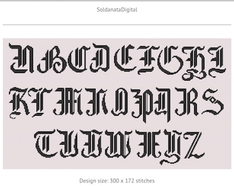 Padrão de ponto cruz do alfabeto gótico, letras caligráficas do inglês antigo (PDF de 4 cm)