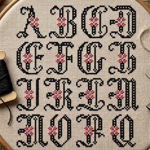 May include: A cross-stitch embroidery project in a wooden hoop featuring the letters A through Q in a black gothic font. Each letter is accented with a small pink four-petaled flower motif. A wooden spool with black thread sits on the left side.