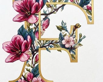 Padrão de ponto cruz com monograma, letra F em flor de magnólia, bordado de alfabeto floral (download em PDF), exclusivo
