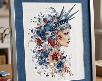Mulher com estrelas e hortênsias azuis, coleção América 250, retrato patriótico de beleza, padrão de ponto cruz para arranjo floral decorativo