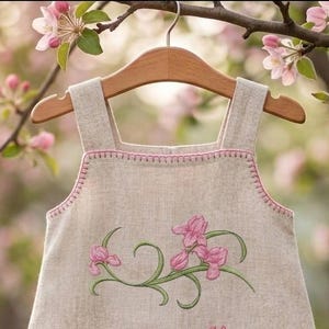 May include: A linen dress with pink floral embroidery and a pink stitched trim, hanging on a wooden hanger. The dress has a square neckline and wide straps. The background is a soft focus of pink blossoms.