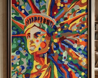 Gráfico de ponto cruz da Estátua da Liberdade em estilo Pop Art em PDF, gráfico de bordado moderno e colorido, bordado abstrato patriótico, download instantâneo