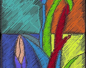 Bordado em vitral com íris em um tema de primavera, arquivos de bordado à máquina representando íris em flor, download instantâneo
