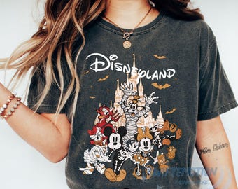 Retro Disneyland Halloween PNG, Disney Castle Halloween Family PNG, Spooky Season Disneyland Group PNG, Mickey and Friends Skeleton png