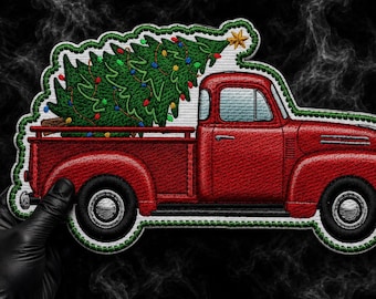 Parche grande de camión navideño, camioneta roja con bordado de árbol para la espalda de la chaqueta, 30 cm (12 pulgadas)