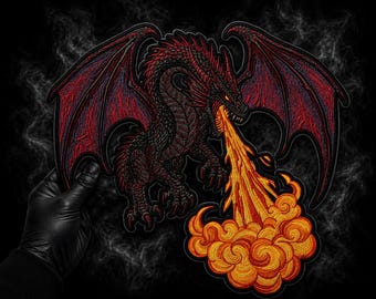 Parche trasero bordado con dragón que escupe fuego grande – Aplique para chaqueta de motociclista gótica (30 cm)