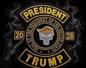 Parche grande bordado para la espalda del presidente Trump 2028 - Aplique personalizado para chaleco o chaqueta de motociclista, 33 cm (13 pulgadas)