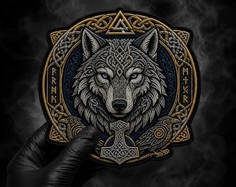 Parche trasero de lobo vikingo de 30 cm (12 pulgadas) – Bordado con Fenrir nórdico, Mjolnir y nudo celta para chaqueta o chaleco.
