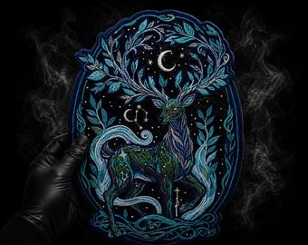 Parche bordado grande de ciervo del bosque celestial para la espalda de chaquetas, escena nocturna de ciervo con astas tejidas