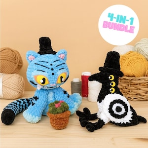 May include: A blue crocheted cat plush with a black top hat and yellow eyes, a small brown crocheted potted plant, and a black and white crocheted bird plush with a black top hat. A white circular graphic displays the text 4-IN-1 BUNDLE.